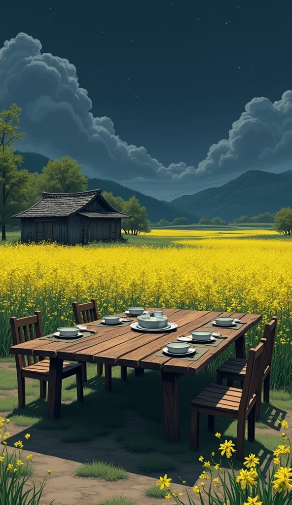 2D anime chinese empty dishes on Rough dinning table and chairs in field of mustard ,old village life zoom in table in open area 2 extra tables around dinning table old vibes dark night a opd style small rough house also present