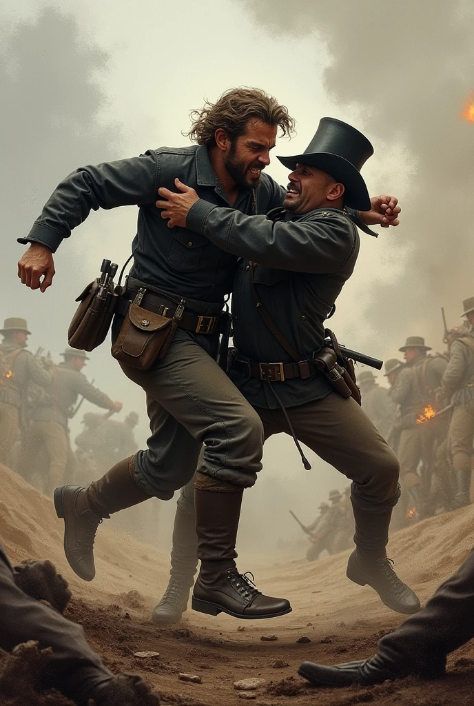 A barefoot American soldier from the Civil War jumps on an enemy soldier.