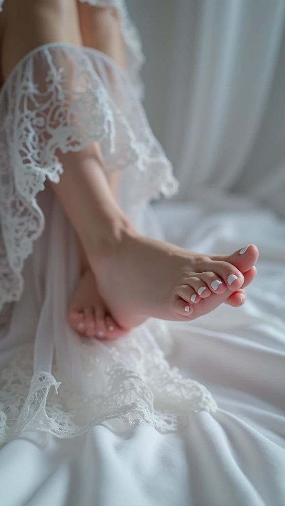 a girl photographing her feet for white nail polish fetishists, detailed foot,close up of feet,highly detailed feet and toes,pale skin,slender legs,white nail polish,sensual,erotic,intimate,voyeuristic,soft lighting,high resolution,photorealistic,elegant,delicate