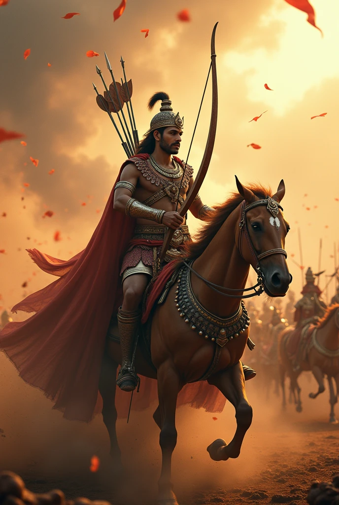 Arjuna with Krishna as Charioteer: Arjuna, the great archer from the Mahabharata, standing on his chariot driven by Lord Krishna. Arjuna is in full armor, pulling back his Gandiva bow, with Krishna guiding the horses, and the vast armies of the Pandavas and Kauravas clashing in the background. Ultra HD high resolution 4K