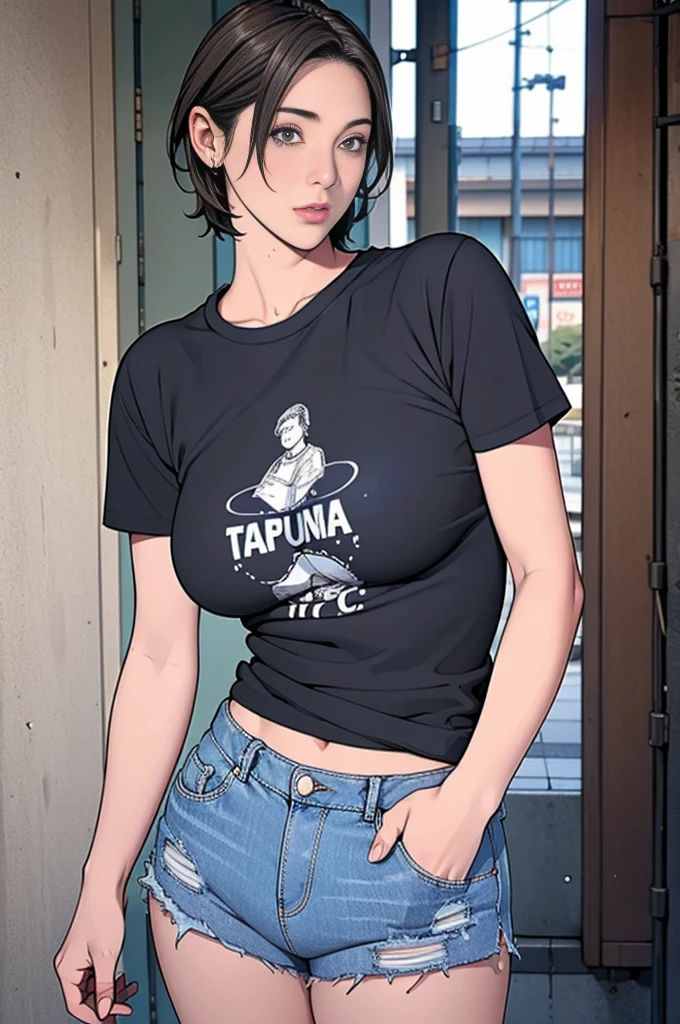 individual，short hair，Photorealism，detailed，masterpiece，teenager，Beautiful girl，Large Breasts，Denim shorts，Tokyo Street，t-shirt
