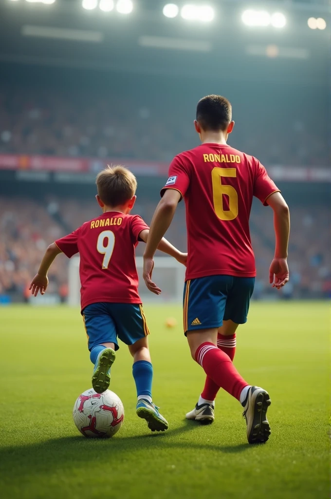 A boy playing football with Cristiano Ronaldo and his tshirts backside name is asif or tshirts no is 13.