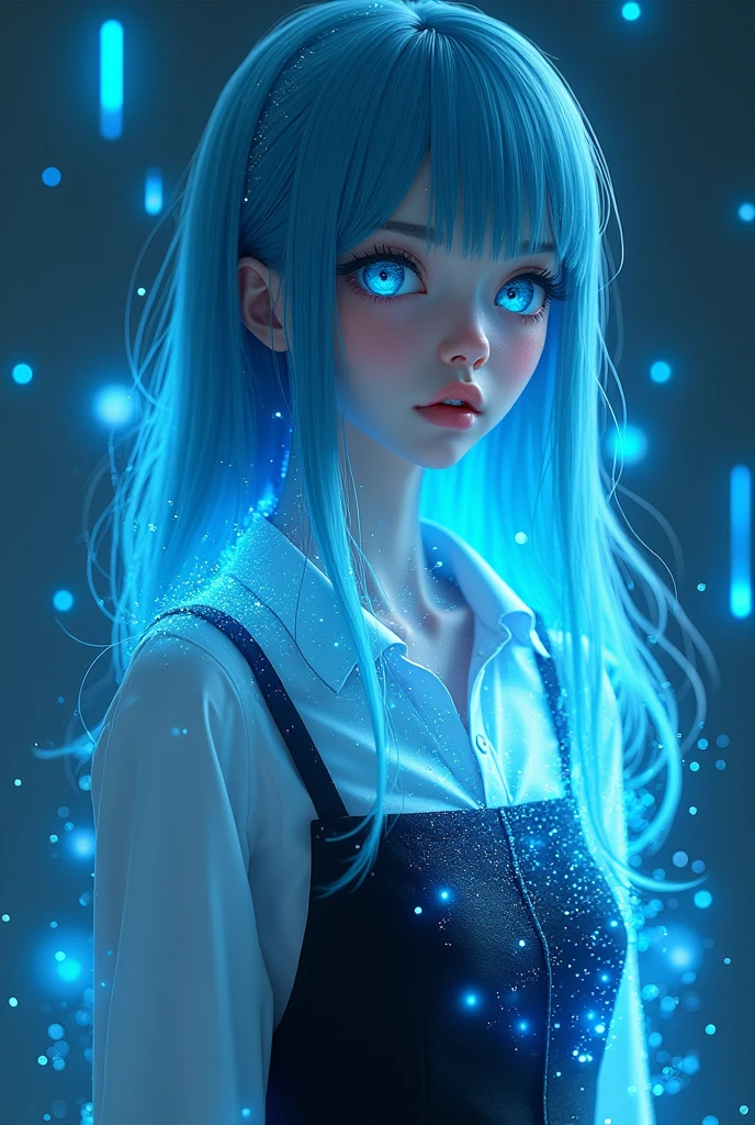 ((Masterpiece)), (best quality), (details), (1 girl), (Internal data streams) I graduated light blue., The eyes glow light blue., straight hair, Wear a white shirt and a trendy black dress., Covered with data particles, Locked around the neck