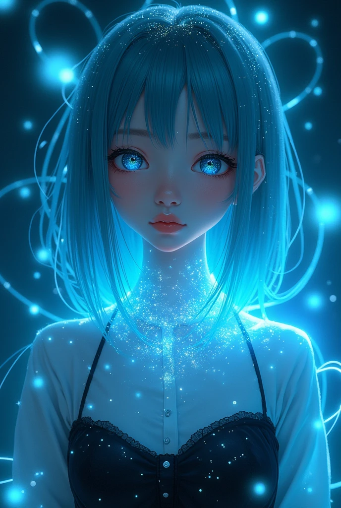 ((Masterpiece)), (best quality), (details), (1 girl), (Internal data streams) I graduated light blue., The eyes glow light blue., straight hair, Wear a white shirt and a trendy black dress., Covered with data particles, Locked around the neck