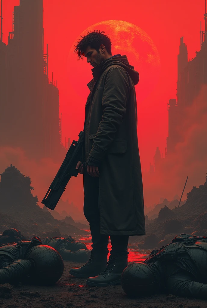 Picture of a alone and lonely man at the end of world,looking like he is really exhausted and tired of this world,make him look futuristic, wearing futuristic outfit,his hair is messy,make him look like he doesn't want to be alive and want to left earth , around his is all destroyed at war holding futuristic weapon,make sky red,looking like cinematic universe,around him peoples and other hight tech warrior are dead,make his face more clear and well defined