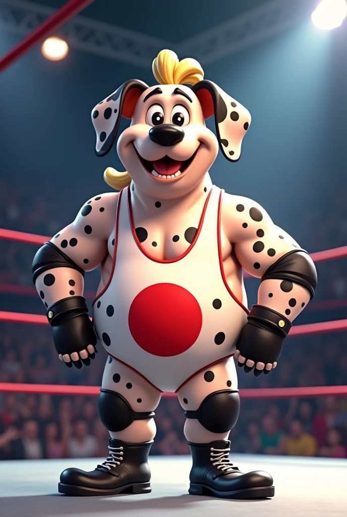 Cartoon Dalmatian dressed like ECW wrestler Rob Van damn
Cartoon Dalmatian body. Cartoon Dalmatian head. Cartoon Dalmatian face. Cartoon Dalmatian arms. Cartoon Dalmatian hands.
Pudgy.
White wrestling singlet with red Japanese sun pattern.
Black kneepads. Black wrestling boots. Black wrist tape. Black MMA gloves.
Long curly blond hair in a ponytail.
Standing in a wrestling ring.