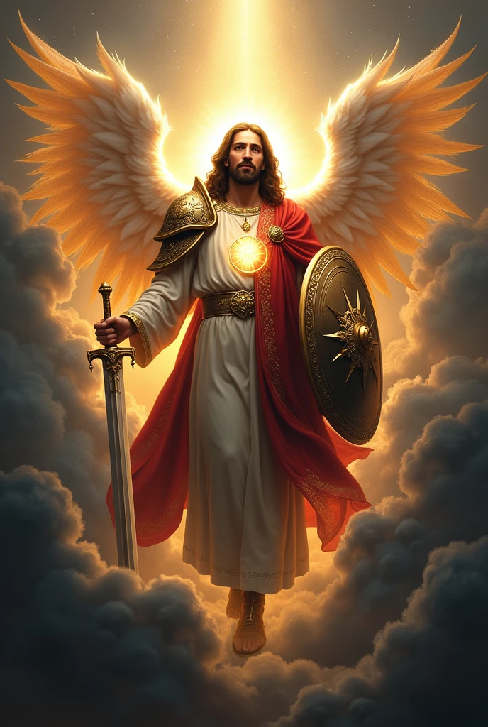 “Design a 1x1 shield with intricate details. The shield features Jesus at its center, depicted with a serene expression and a glowing aura. Surrounding Jesus is a powerful celestial warrior, armored with radiant, divine armor, holding a sword and shield. The celestial warrior should appear protective, standing guard over Jesus, with ethereal wings and an expression of strength and vigilance. The background of the shield should be celestial, with soft, glowing light and hints of heavenly clouds.”
This prompt should inspire the creation of a striking and meaningful image for your TikTok profile.