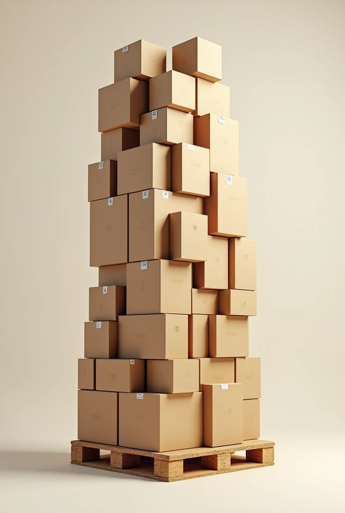 Create a tall pallet, containing 150 boxes of various sizes, with title text: is. OC