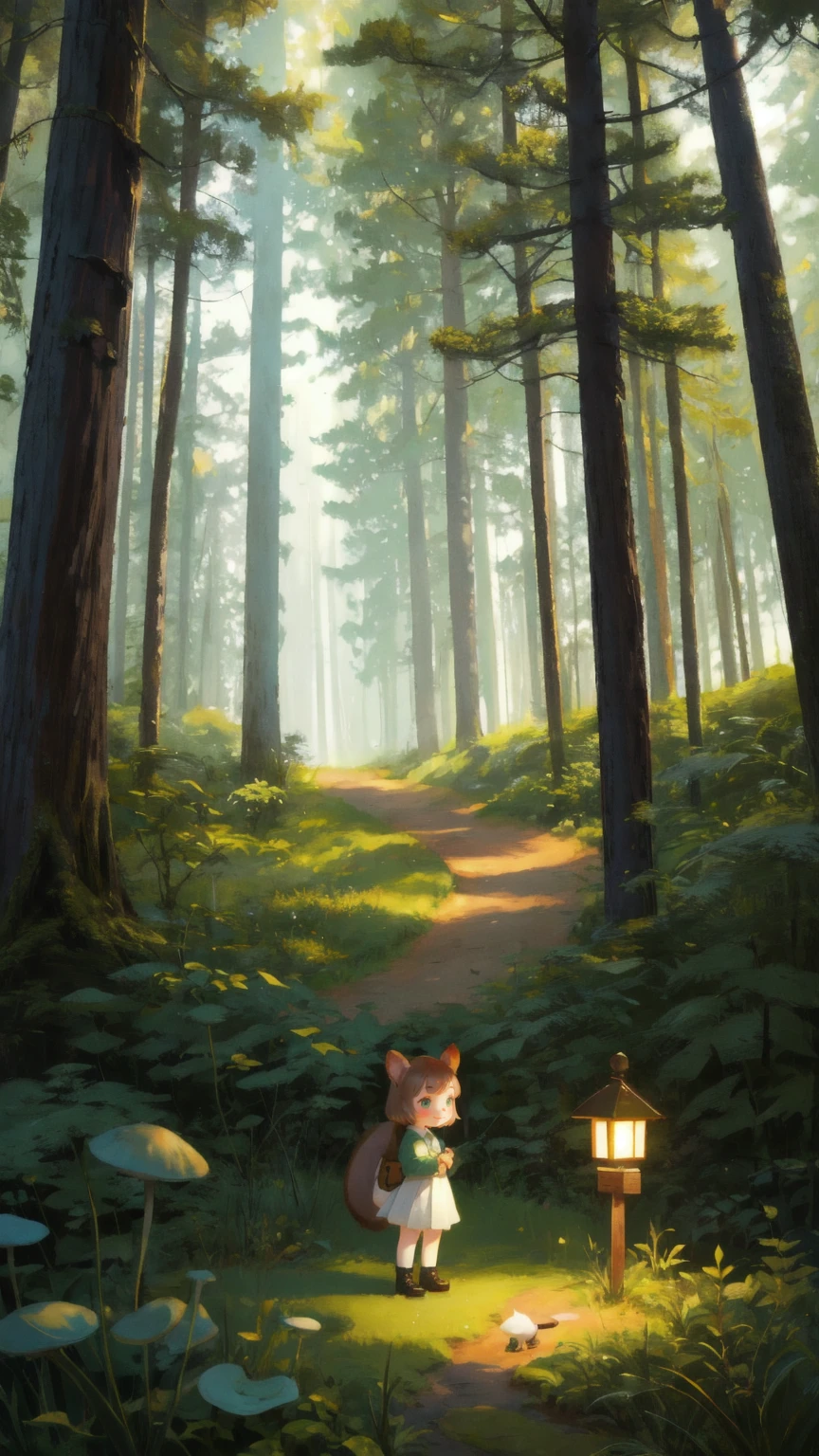 Create an image of a joyful young girl with playful features in a lush forest setting. She has expressive, big eyes and a wide smile, and she's wearing green moss-like clothing resembling a skirt. She is playfully posed beside a wooden sign post without any text. The background features tall, stylized trees with round, dense canopies and a soft, ambient light that suggests early morning. The forest floor is dotted with small plants, mushrooms, and a cute, cartoon-style squirrel observing quietly. The path is well-trodden dirt, curving gently into the dense forest.