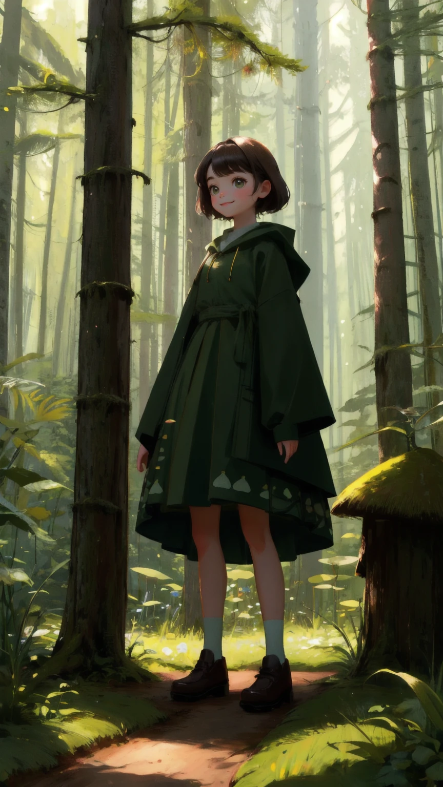 Create an image of a joyful young girl with playful features in a lush forest setting. She has expressive, big eyes and a wide smile, and she's wearing green moss-like clothing resembling a skirt. She is playfully posed beside a wooden sign post without any text. The background features tall, stylized trees with round, dense canopies and a soft, ambient light that suggests early morning. The forest floor is dotted with small plants, mushrooms, and a cute, cartoon-style squirrel observing quietly. The path is well-trodden dirt, curving gently into the dense forest.