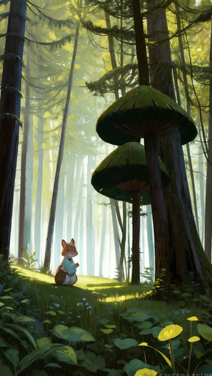 Create an image of a joyful young girl with playful features in a lush forest setting. She has expressive, big eyes and a wide smile, and she's wearing green moss-like clothing resembling a skirt. She is playfully posed beside a wooden sign post without any text. The background features tall, stylized trees with round, dense canopies and a soft, ambient light that suggests early morning. The forest floor is dotted with small plants, mushrooms, and a cute, cartoon-style squirrel observing quietly. The path is well-trodden dirt, curving gently into the dense forest.