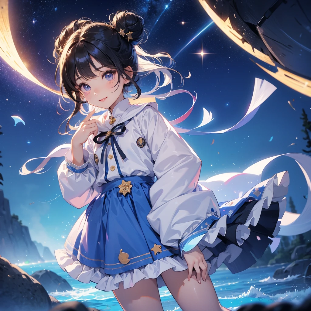 A chibi  girl had a small and wearing a white little tourist priest’s outfit, a pair of big round eyes shone with curiosity about him. This child was te, her hair is black with buns on her hair. Small chibi , chibi baby, smiling ,bi. 

Background is a dark night, with moonlight and millions of stars, twinkling everywhere, with blue light