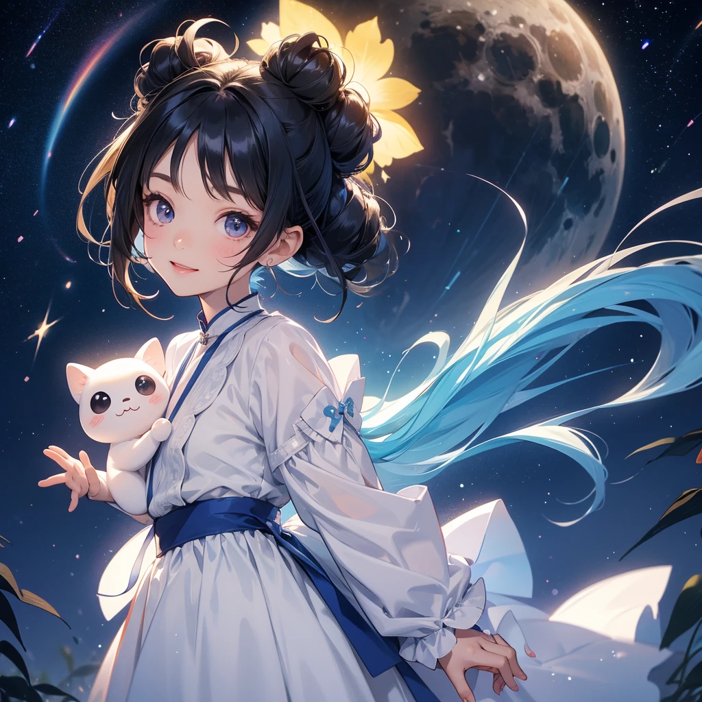 A chibi girl had a small and wearing a white little tourist priest’s outfit, a pair of big round eyes shone with curiosity about him. This child was te, her hair is black with buns on her hair. Small chibi , chibi baby, smiling ,bi.
Background is a dark night, with moonlight and millions of stars, twinkling everywhere, with blue light