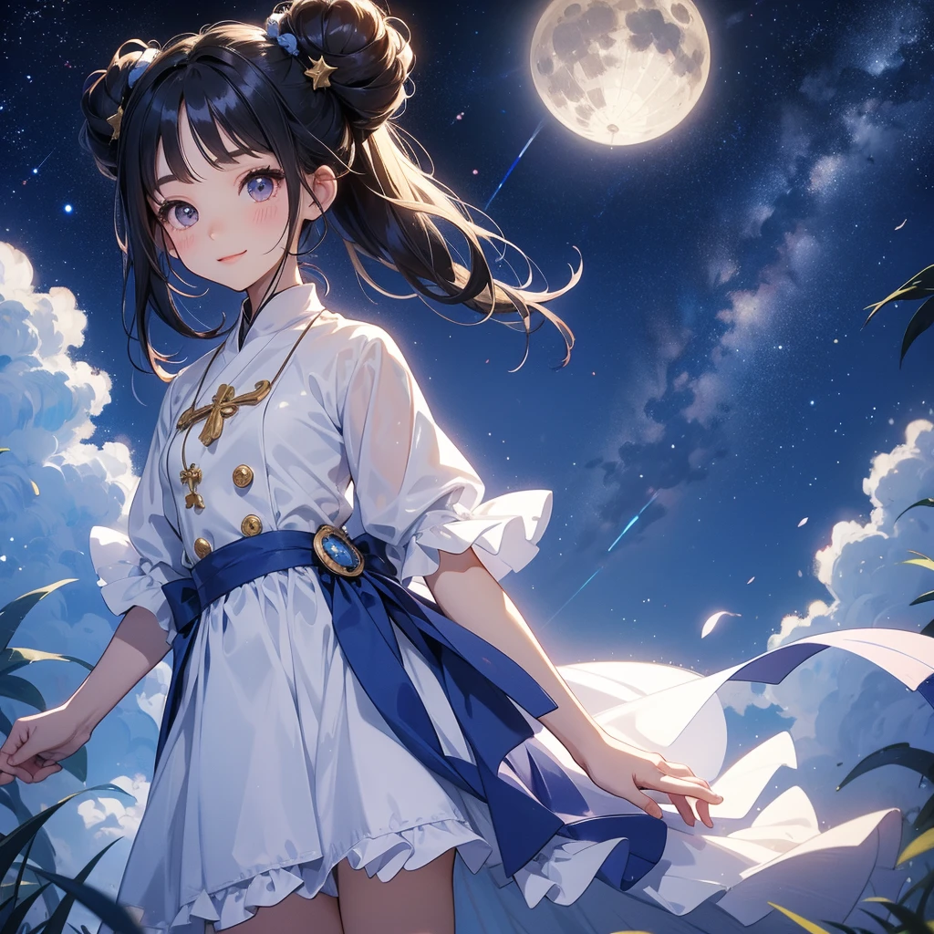 A chibi child girl had a small face and wearing a white little tourist priest’s outfit, a pair of big round eyes shone with curiosity about him. This child was so cute, her hair is black with buns on her hair. Small chibi , chibi baby, smiling , chibi.
Background is a dark night, with moonlight and millions of stars, twinkling everywhere, with blue light