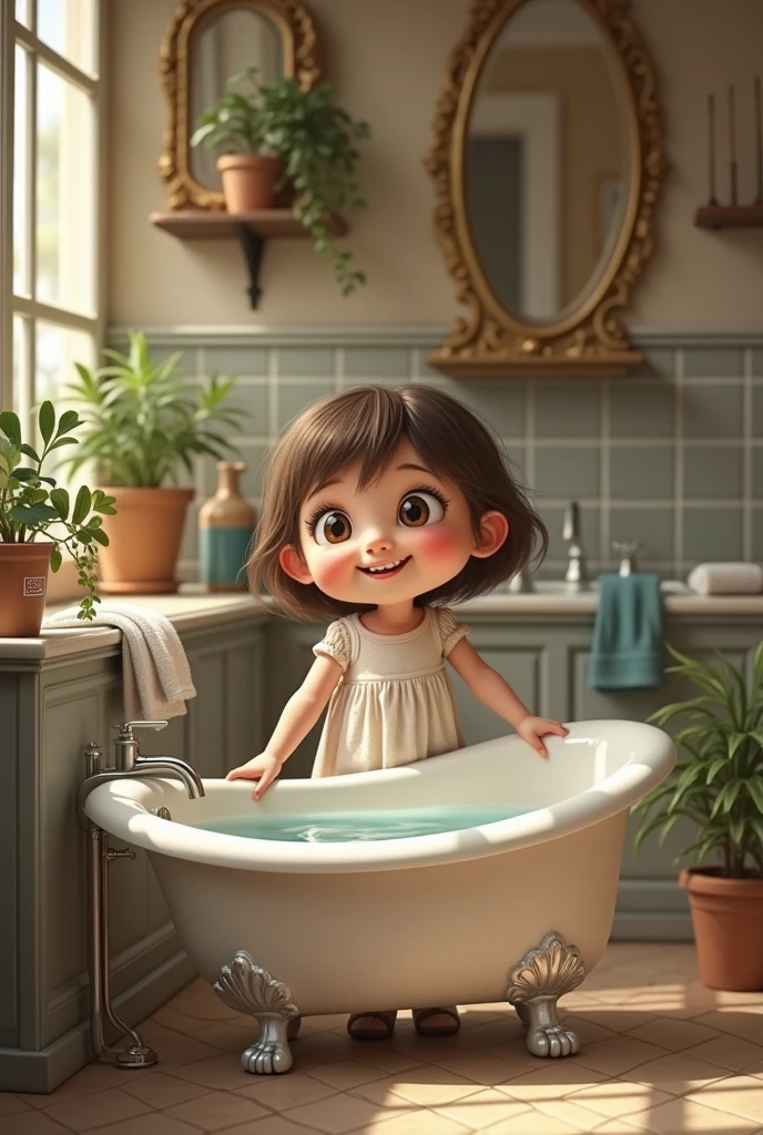 A girl showing the bathtub