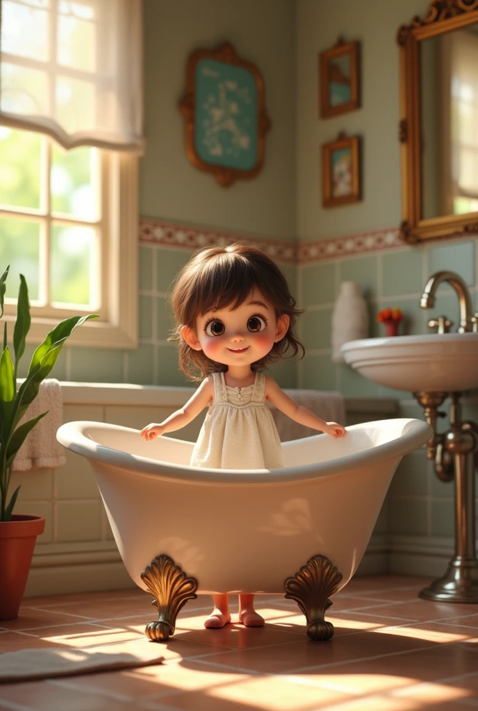 A girl showing the bathtub