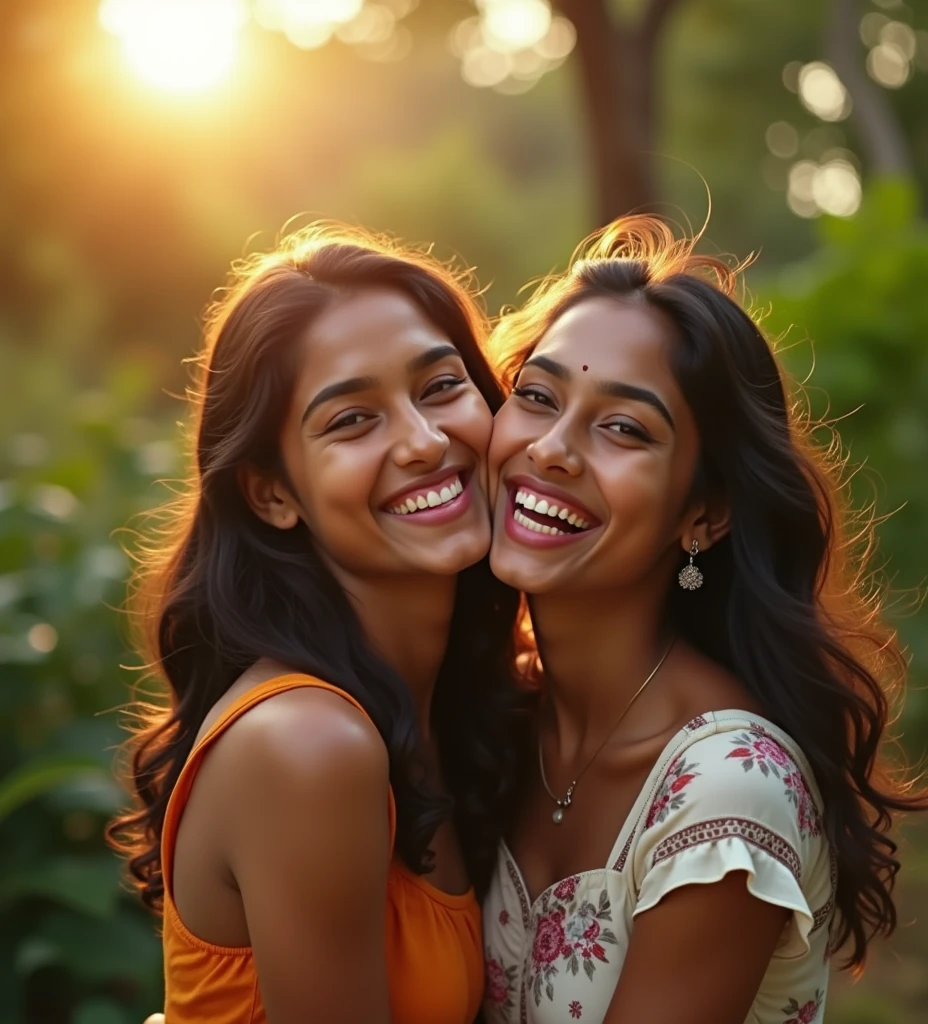 2 Tamil young adults laughing, photoshoot, detailed facial features, beautiful smiles, natural outdoor setting, lush greenery, golden hour photography, highly detailed, photorealistic, 128k, masterpiece, vivid colors, cinematic lighting, HDR, hyper realistic