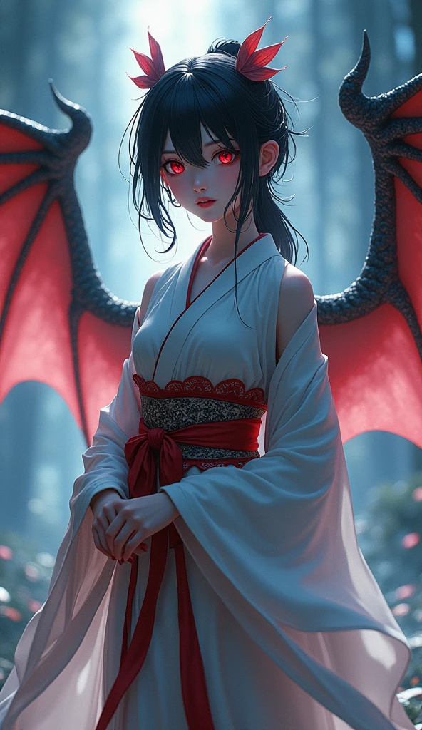 (best quality), (masterpiece), (Ultra-high resolution), (Clear face), (Reality: 1.4), (perfect lighting),(photorealistic:1.30), anime wallpaper, Guviz style artwork , fantasy cover up to magic , by Yang J, Guviz, beautiful artwork illustration, beautiful digital artwork, beautiful digital illustration, Li Song, beautiful anime portrait, art style at Beauvot,illustration, ethereal and beautiful, highly detailed, CG, unity, 8k wallpaper, Amazing, fine detail, official art, highly detailed CG unity 8k wallpaper,absurd, extremely absurd, large file size, highly detailed , high resolution, very detailed,beautiful girl with details, very detailed eyes and face, beautiful detailed eyes,light on the face,cinematic lighting, 1girl, solo, black hair, red eyes, kimono, Dragon Wings, standing, full body,