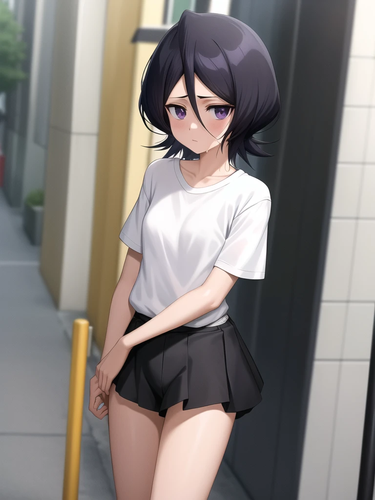 anime outfit capture, forst,pathway,
1 girl, standing alone, shorth hair, Bblack hair, purples eyes, tight white panties wet white t-shirt,She is alone on a street full of shops