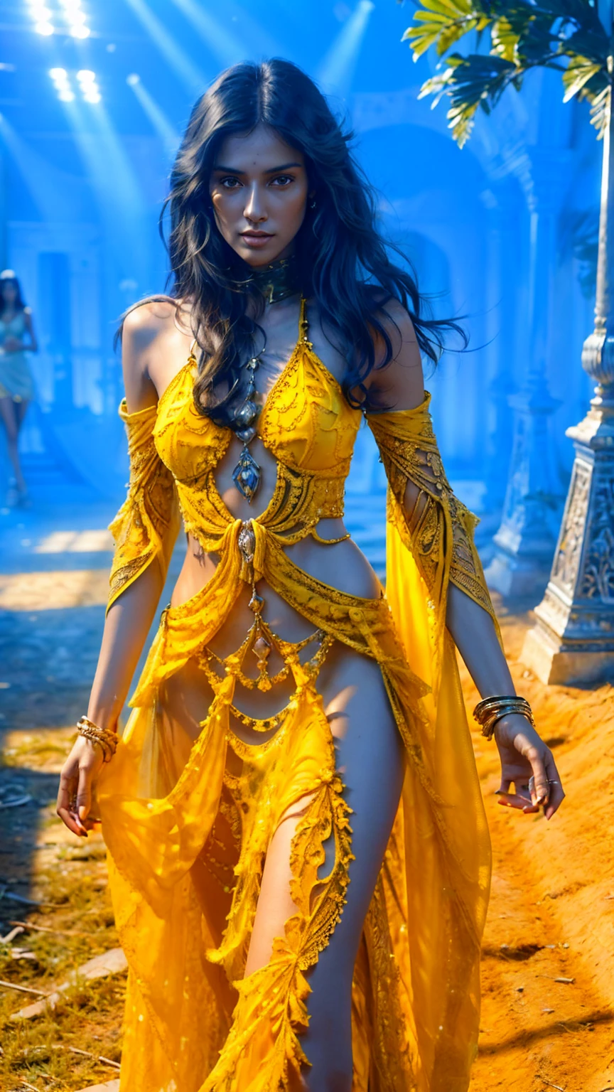 Studio lighting, (best quality:1.4),masterpiece,ultra-detailed,delicate features,delicate skin,realism,beautiful lighting,cowboy shot,1girl,black hair ,blues eyes ,tareme,long hair,gleaming skin,, modern fashion, wasteland, transparent, ((tamp walk, yellow dress, fashion show, walking on ramp)) deep cleavage,