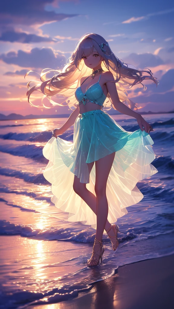tmasterpiece, high high quality, cinematic Film still from, one-girl,Golden hair,nigth,Night sky, floating in sky, Cloud Girl, Clouds, (closeup cleavage: 1.1), Colorful, Transparent body,Sparkling,full bodyesbian,Green skirt,Blue skirt,Transparent clothes