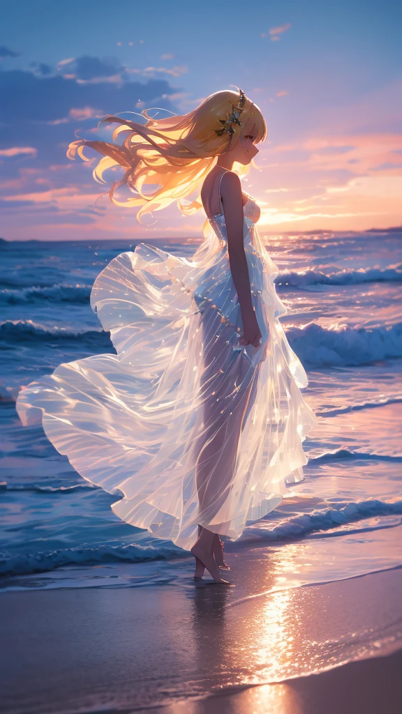tmasterpiece， high high quality， cinematic Film still from， one-girl，Golden hair，nigth，Night sky， floating in sky， Cloud Girl， Clouds， （closeup cleavage： 1.1），  Colorful， Transparent body，Sparkling，full bodyesbian，Green skirt，Blue skirt，Transparent clothes