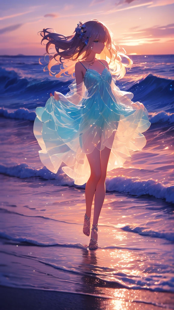 tmasterpiece, high high quality, cinematic Film still from, one-girl,Golden hair,nigth,Night sky, floating in sky, Cloud Girl, Clouds, (closeup cleavage: 1.1), Colorful, Transparent body,Sparkling,full bodyesbian,Green skirt,Blue skirt,Transparent clothes