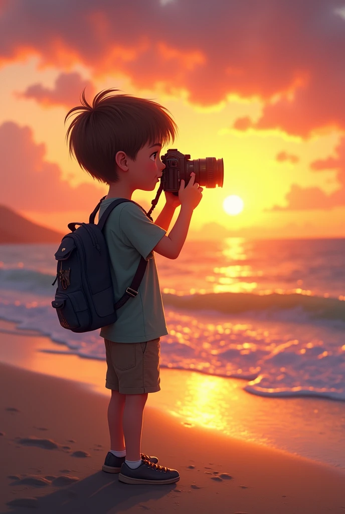 A boy taking a picture on the beach with a sunset 