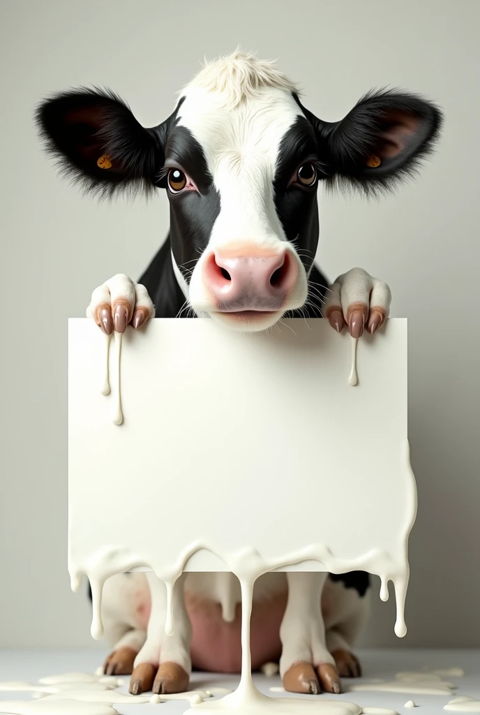 une vache laitière tenant une pancarte vide, puisqu'elle est derrière la pancarte, ne montrant que son visage et ses mains, le mot "vache au lait", en lettres majuscules, dégoulinante de lait