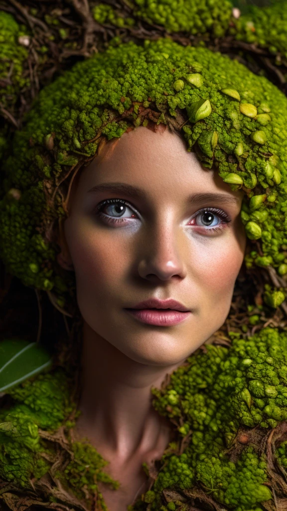 Create a being with Vegetal Textured Skin: in a texture similar to tree bark, moss or leaves. 
- **Vegetalized Hair:** Hair is made of moss, thin leaves, cipós ou até mesmo flowers pequenas. 
- **Eyes with Gemstone Irises:** Your eyes shine like precious stones or minerals.
- **Integrated Natural Growth:** Plants like small shrubs, flowers, toadstools, or even lichens grow on their bodies, especially in areas such as shoulders, head and back. 