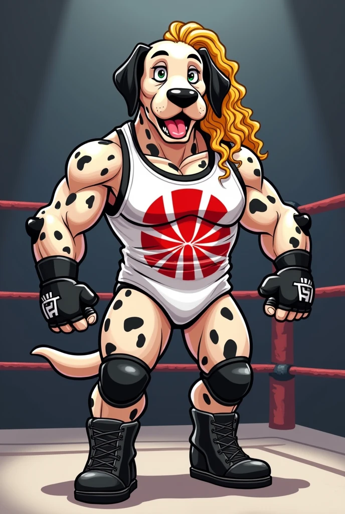 Cartoon Dalmatian dressed like ECW wrestler Rob Van damn
Cartoon Dalmatian body. Cartoon Dalmatian head. Cartoon Dalmatian face. Cartoon Dalmatian arms. Cartoon Dalmatian hands.
Pudgy.
White wrestling singlet with red Japanese rising sun pattern.
Black kneepads. Black wrestling boots. Black wrist tape. Black MMA gloves.
Long curly blond hair in a ponytail.
Standing in a wrestling ring.