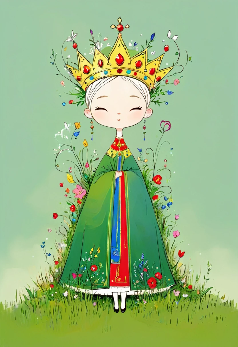 (masterpiece:1.5)，(Best quality:1.3)，Simple background，Simple lines，Art插图，coloring book，，fantasy，Imagine，creativity，Art，abstract，Surreal，Flowers，crown，girl，Grass，front，whole body