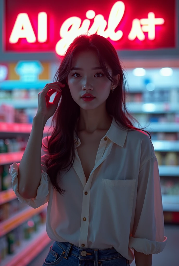 Hyper-realistic, a beautiful young thai korean woman, 20 years old, ((full body shot)), shirt cover bra, porcelain white skin, standing in a supermarket, neon light graphic "AI Girl" on the wall in the background, cinematic lighting, photorealistic, intricate details, elegant facial features, long eyelashes, defined jawline, beautiful lips, high resolution, 8k, hyperrealistic, masterpiece, (best quality,4k,8k,highres,masterpiece:1.2),ultra-detailed,(realistic,photorealistic,photo-realistic:1.37),HDR,UHD,studio lighting,ultra-fine painting,sharp focus,physically-based rendering,extreme detail description,professional,vivid colors,bokeh,concept art