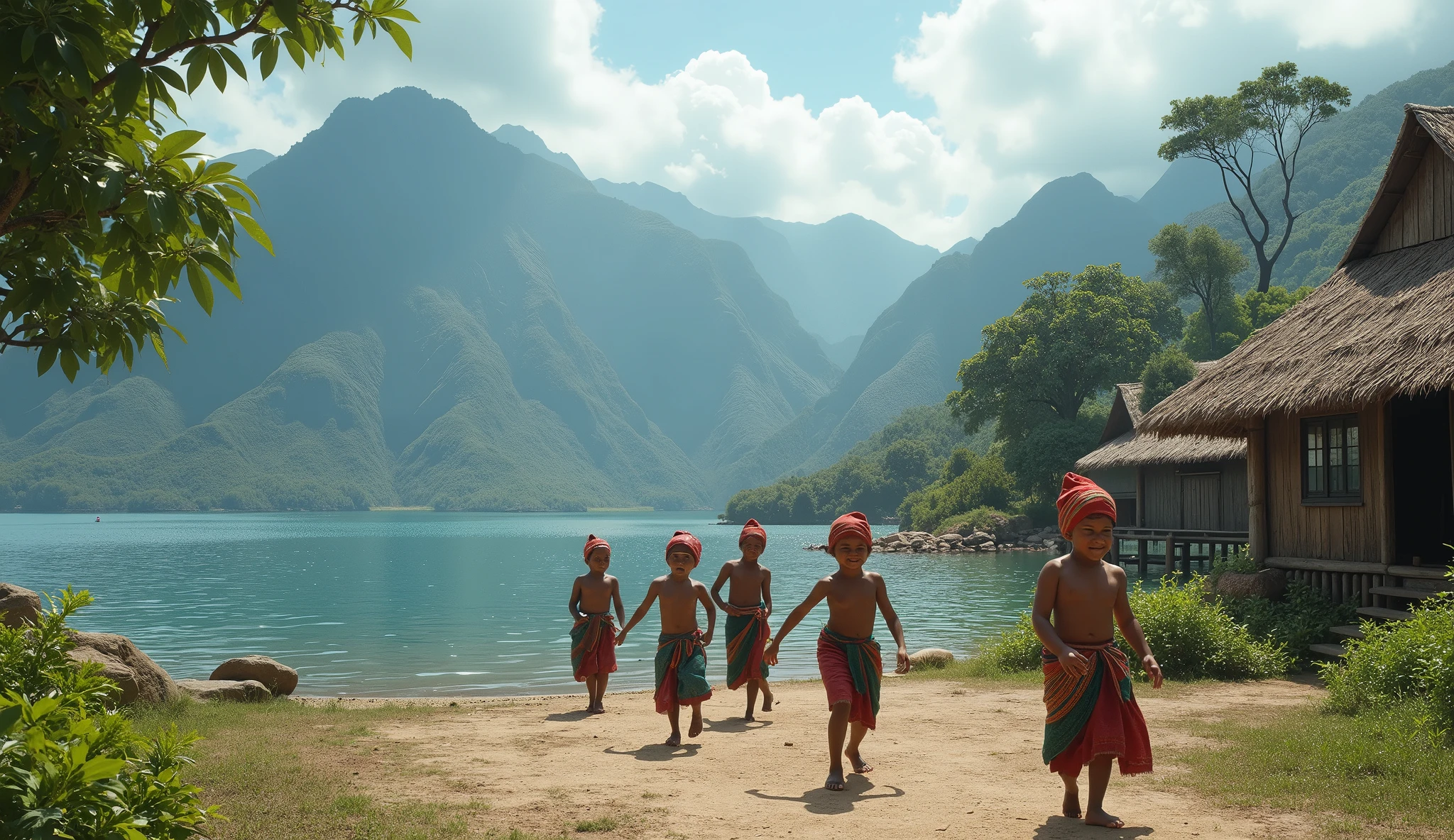 Village from ancient Ternate island, Maluku, Indonesia, beside a ocean and mountain, a young childrens playing together in ancient Ternate clothing and wear a traditional Ternate turban, there is no peoples, hyper realistic, masterpiece, best quality, ultra-detailed, UHD, 64K