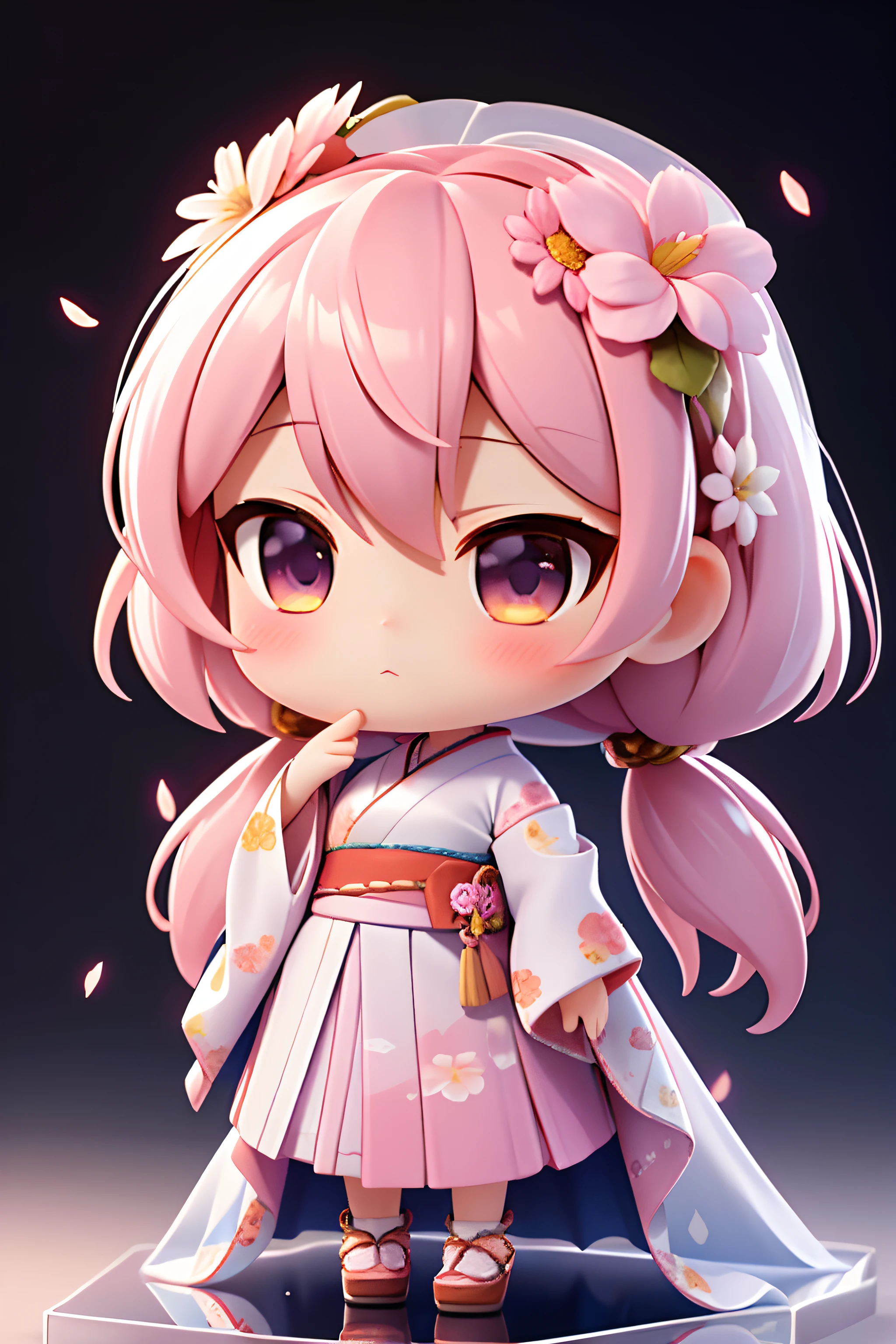 Photorealistic、Clay figure wearing wedding dress,Wearing kimono,Stand in front of the painting、Watercolor Nendoroid、(HD Gallery)、Flowing rainbow silk、Face、Eyes up、Colorcon Heart、Floral Skirt、There are also flowers in front of the Nendoroid、petal、season!!: summer☀ 🍂