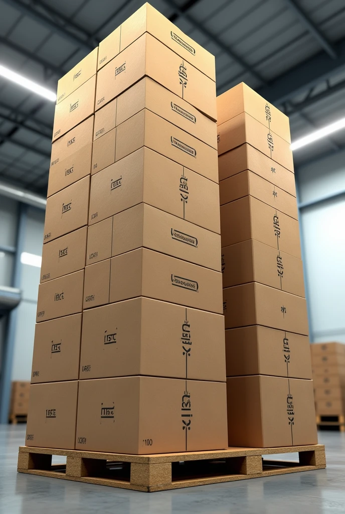 Create a tall pallet, containing 150 boxes of various uniform sizes, Text: is. OC 