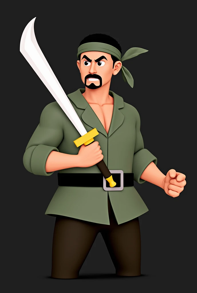 man with brown skin, thin mustache and a thin beard, wearing a green headband on his head and short hair , wearing green clothes, wearing a black belt, holding a parang sword in his hand, with a muscular body 3d