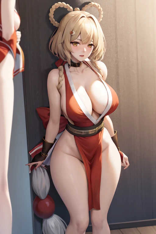 masterpiece, best quality, beautiful art, high resolution, well formed hands, body and fingers, 1 woman, solo, Xiangling, red makeup, red lipstick,adult, grown up, cosplaying as Mai Shiranui , mai_shiranui_cosplay, adult, large and big breasted, cleavage, full body , hair ribbon, gorgeous legs and, thighs, sexy Japanese clothes, hair ornament , sexy and bare legs , hips and thighs, panties peek,ryona , in peril, she has been beaten up she is now cornered against the wall, helpless and vulnerable, she is dizzy and exhausted, looking at the viewer with anxiety and fear, she is afraid, terror in her eyes, gasping, being at the edge of defeat, tied up, heroine in peril, ryona scene