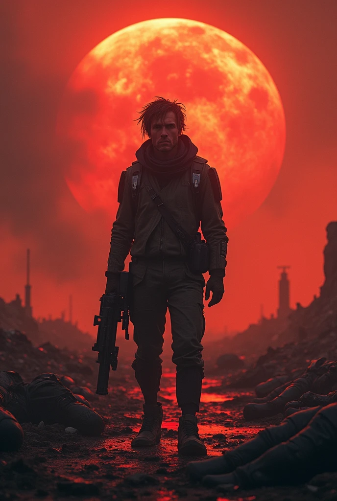 Picture of a alone and  lonely man at the end of world,looking like he is really exhausted and tired of this world,make him look futuristic, wearing futuristic outfit,his hair is messy,make him look like he doesn't want to be alive and want to left earth , around his is all destroyed at war holding futuristic weapon,make sky red,looking like cinematic universe,around him peoples and other hight tech warrior are dead,make his face more clear and well defined,create a destroyed red like lava moon

