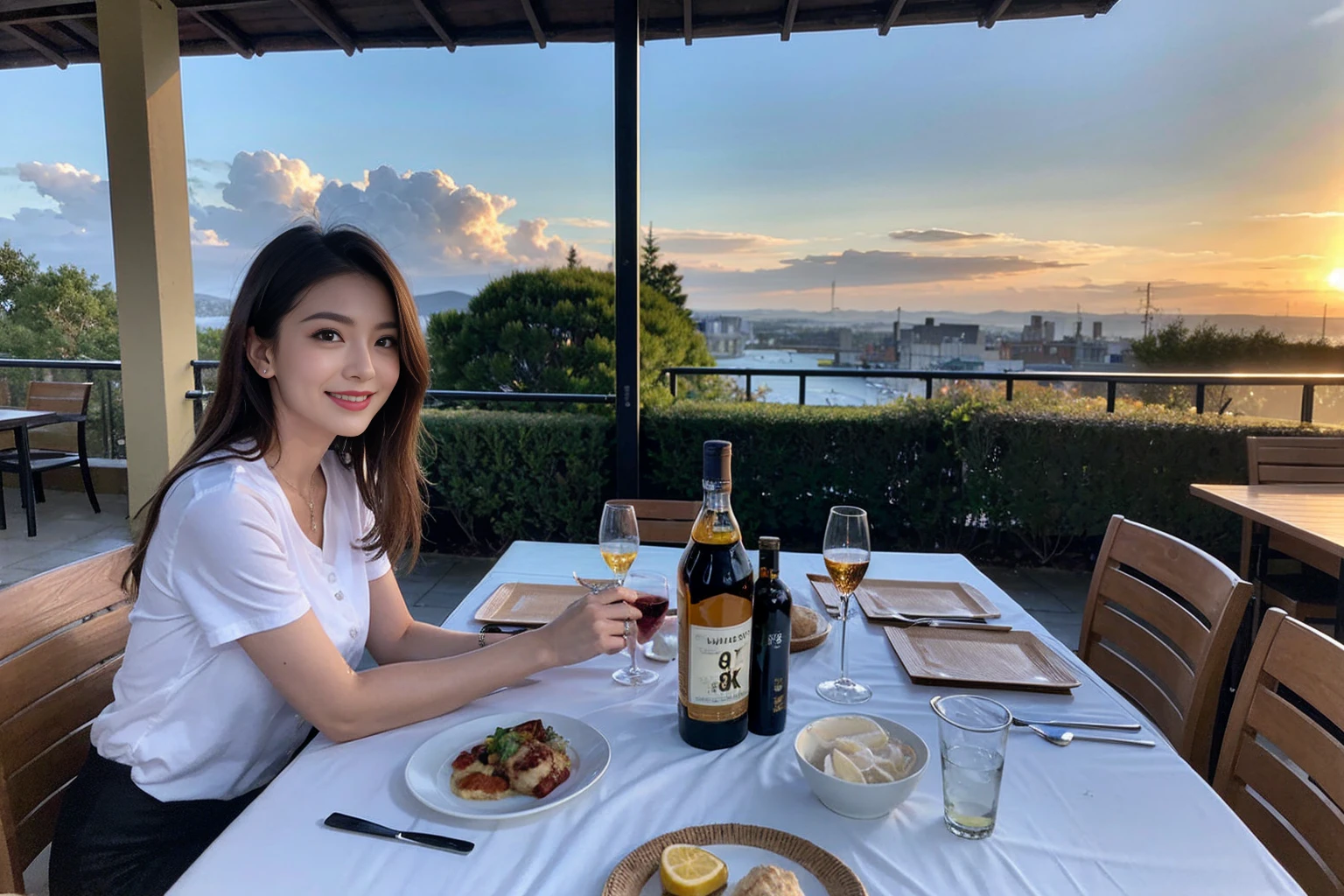 ((Highest quality、8k、masterpiece:1.3))、Whiskey bottles、The Macallan、Joni Black、Old Parr、whiskey、Suntory、Nikka、Slim Couple、modelカップル、(Realistic, Intricate details:1.2), full-course dinner、Whiskey bottle and glass on the table、Single Malt、scotch、Rocks glass、Shot Glass、On the rock、Scotland、Amazing view of the sunset sky and clouds、A bright smile、Short sleeve shirt、dress、 (Age 44), 3,Two beauties、Brown Hair、Shortcuts、 actress, model, Upper Body,