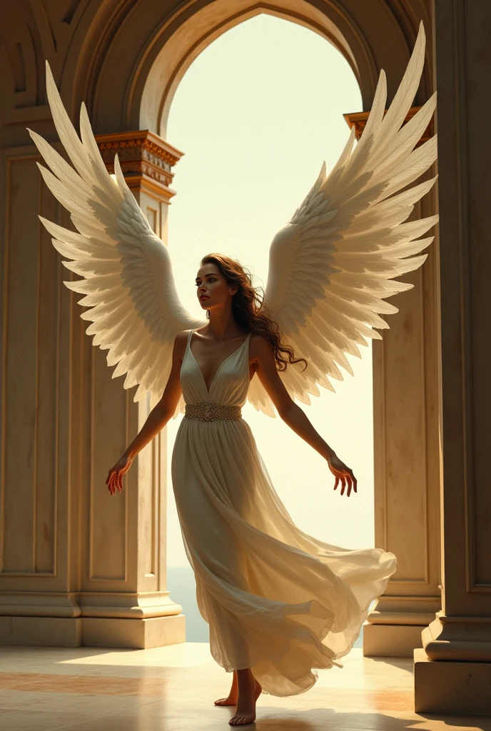 Une femme qui tombe dans building avec des ailes 