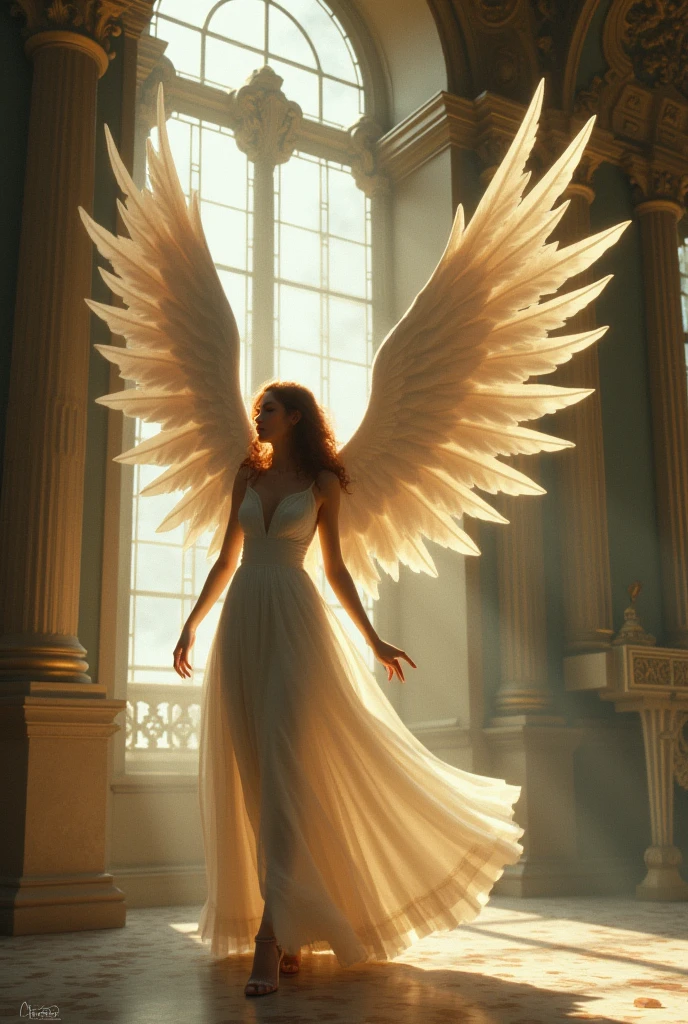 Une femme qui tombe dans building avec des ailes