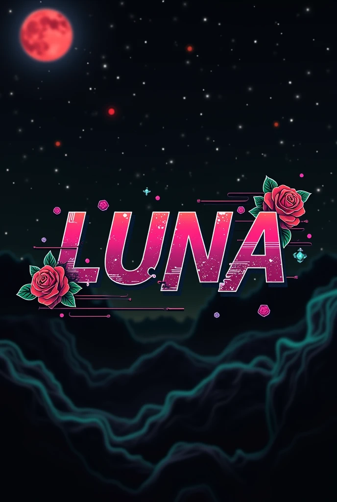 High resolution, logo spelling swiftly “Luna” cool, Jdm theme, anime theme, Cyberpunk vibe name spelling, brand logo, logo for tshirt, brand logo “LUNA”, neon vibes, acid trip vibes, acid trip, shooting stars, acid trip inside “LUNA”, acid trip, hallucinations inside “LUNA”, Waves of hallucinations, stars in the background, red strange moon, red roses with green leaves,