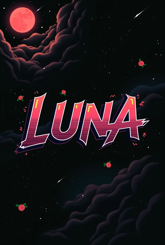 High resolution, logo spelling swiftly “Luna” cool, Jdm theme, anime theme, Cyberpunk vibe name spelling, brand logo, logo for tshirt, brand logo “LUNA”, neon vibes, acid trip vibes, acid trip, shooting stars, acid trip inside “LUNA”, acid trip, hallucinations inside “LUNA”, Waves of hallucinations, stars in the background, red strange moon, red roses with green leaves,
