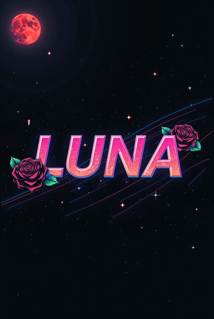 High resolution, logo spelling swiftly “Luna” cool, Jdm theme, anime theme, Cyberpunk vibe name spelling, brand logo, logo for tshirt, brand logo “LUNA”, neon vibes, acid trip vibes, acid trip, shooting stars, acid trip inside “LUNA”, acid trip, hallucinations inside “LUNA”, Waves of hallucinations, stars in the background, red strange moon, red roses with green leaves,