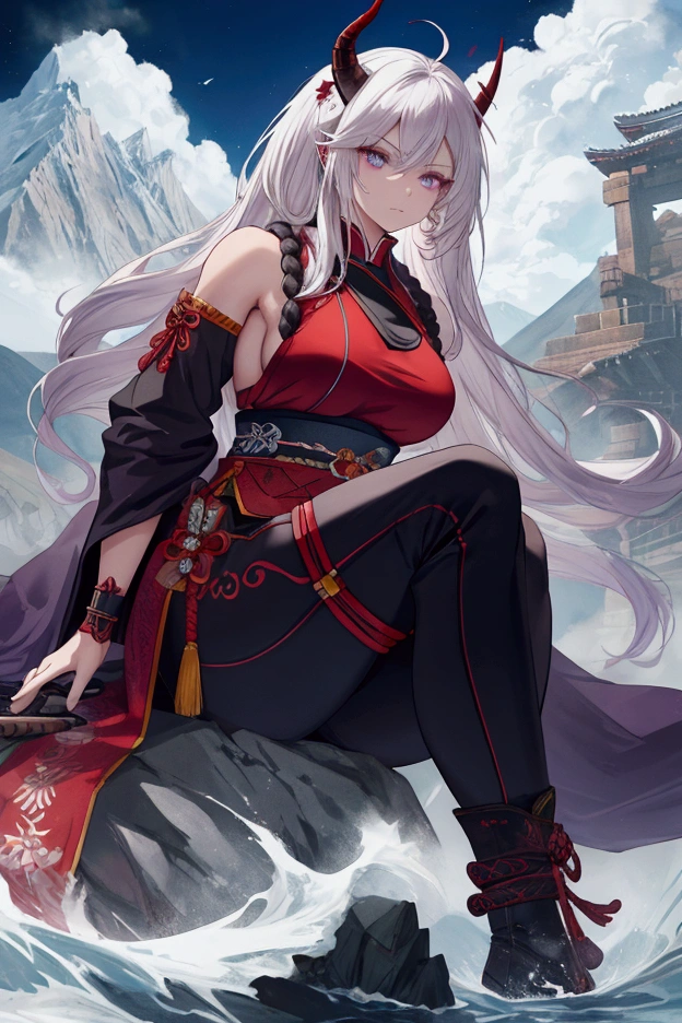 A highly detailed manga-style illustration of a very muscular woman. She has medium-length white hair and large red horns on her head. On her right pectoral and right arm, there is a dragon tattoo with purple steam emanating from the arm. She is surrounded by mountains and forests. She is wearing samurai-style pants with a rope belt and thigh-high boots. Her eyes are a bright green, and she is surrounded by a dark aura