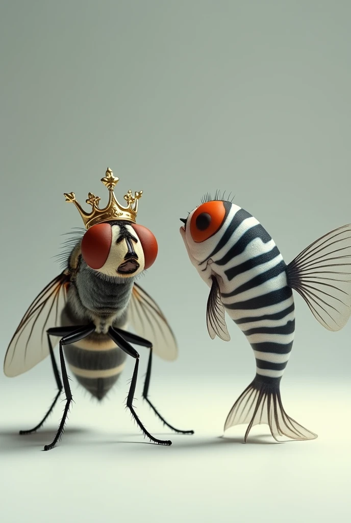 Draw me a fruit fly as realistic as possible (Drosophila melanogaster) and a zebrafish (Danio rerio), both the same size. Only Drosophila should wear a crown on its head, proportional to the size of your head. Zebrafish sin corona. Zebrafish have a horizontal stripe pattern on their skin, Dark blue on a silver background.

