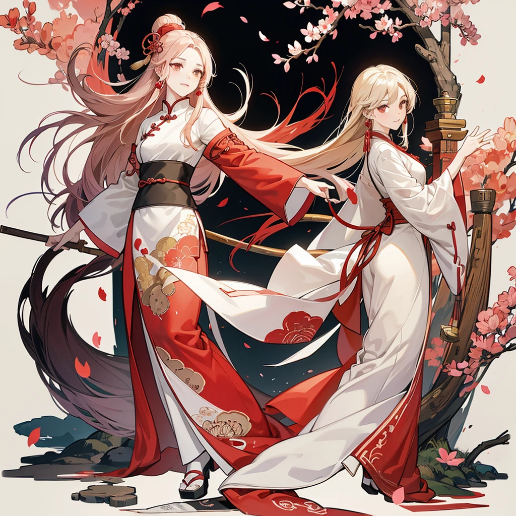 Chinese style, red and white color scheme, ink painting of characters with flowing long hair standing under the tree surrounded by ancient Chinese calligraphy forming an abstract pattern of mountains, rivers and cherry blossoms. Red sun at the top center of the composition. High resolution, high quality, exquisite details, no text or letters. Full body portrait of a female figure in a long skirt, in the style of high definition ink painting. --ar 3:4 --niji 6