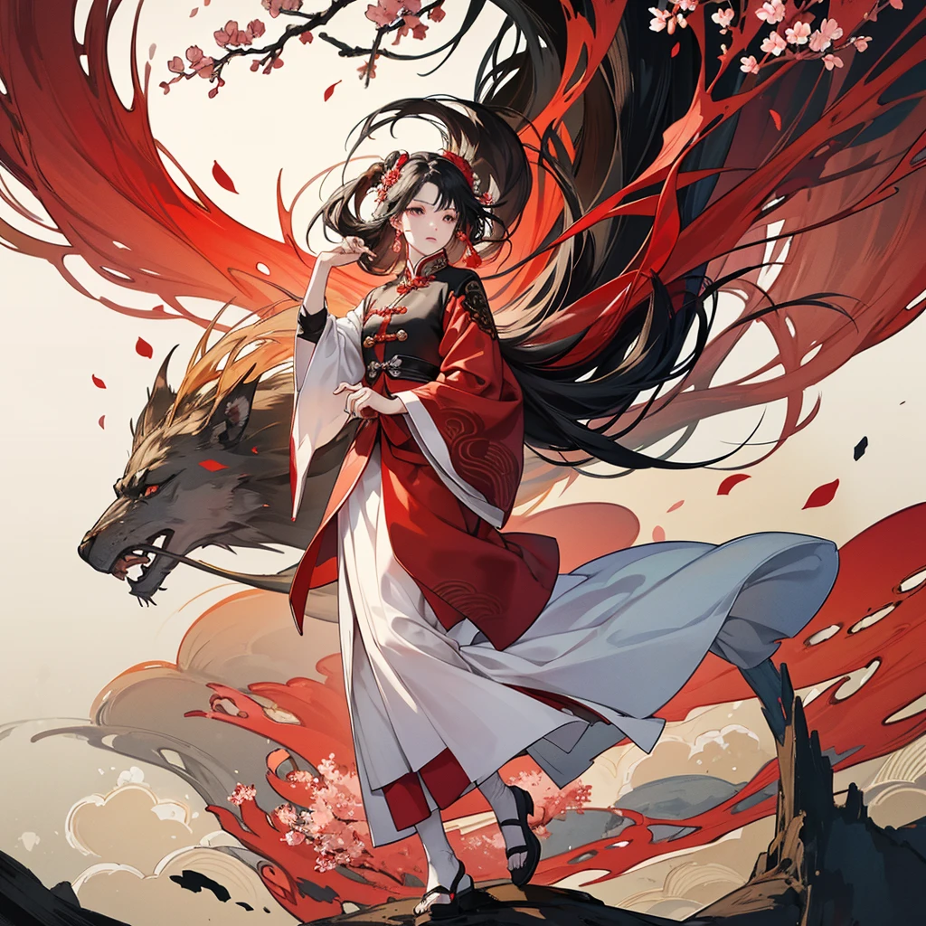 Chinese style, red and white color scheme, ink painting of characters with flowing long hair standing under the tree surrounded by ancient Chinese calligraphy forming an abstract pattern of mountains, rivers and cherry blossoms. Red sun at the top center of the composition. High resolution, high quality, exquisite details, no text or letters. Full body portrait of a female figure in a long skirt, in the style of high definition ink painting. --ar 3:4 --niji 6