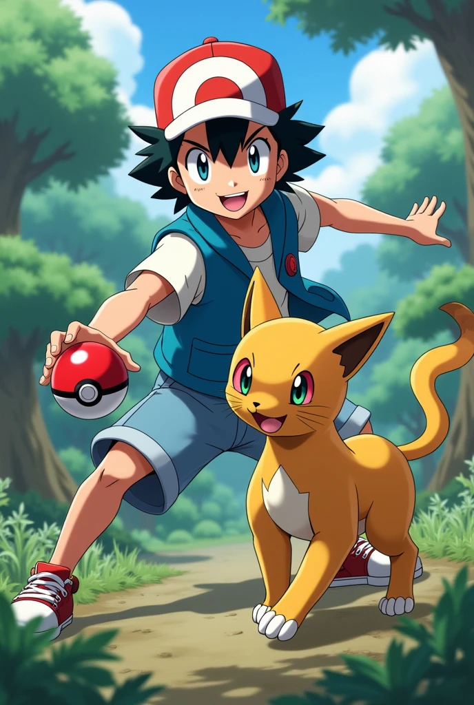 Ash Ketchum with the pokeball capturing a cat